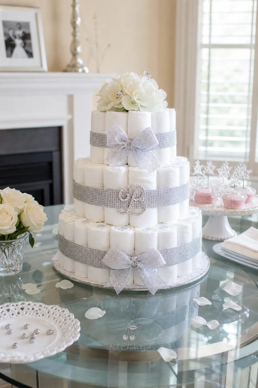 Classic White and Silver Diaper Cake — All white diapers, wrapped in silver mesh ribbon, with a small crystal monogram pin marking the top tier. Diaper cakes