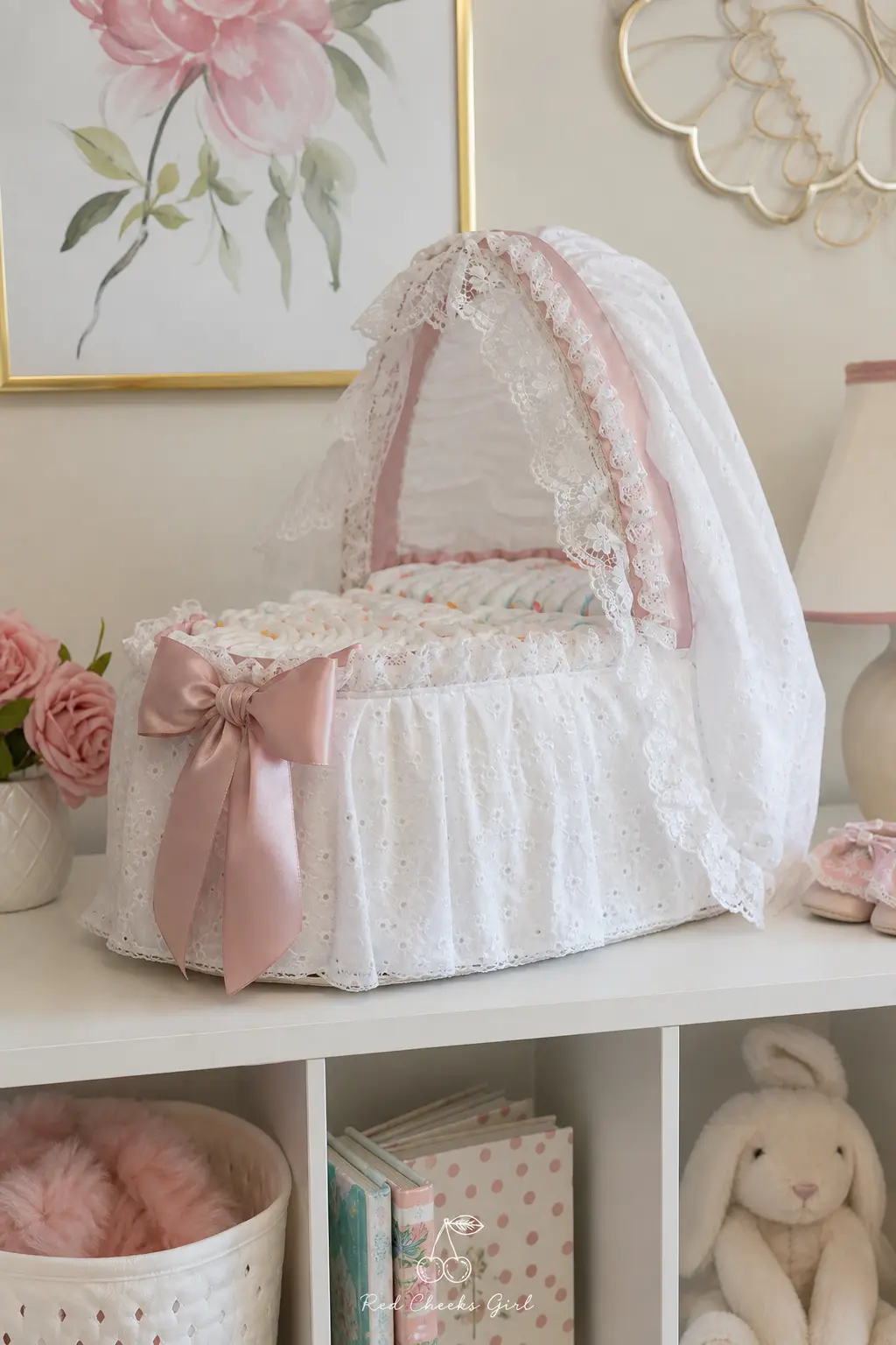 Diaper Bassinet — Diapers stand on end and curve around a low basket frame to form the body of a tiny bassinet, wrapped in white eyelet fabric with a dusty