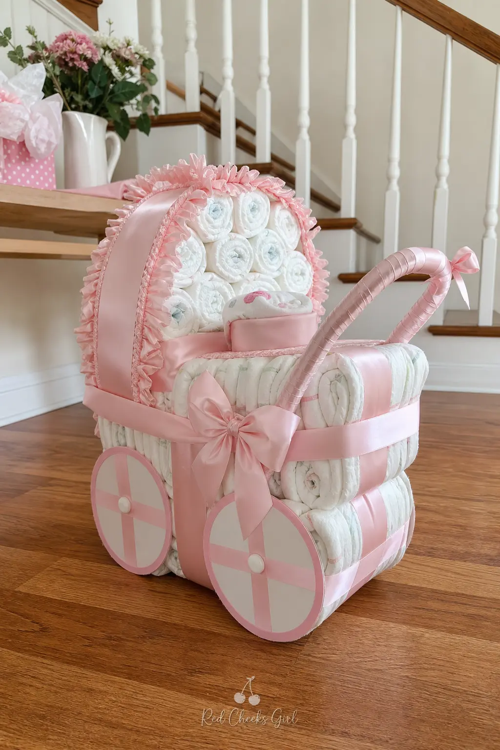Diaper Stroller — Rolled diapers build the body and hood of a small stroller shape, wrapped in dusty pink ribbon with two ribbon covered cardboard circles