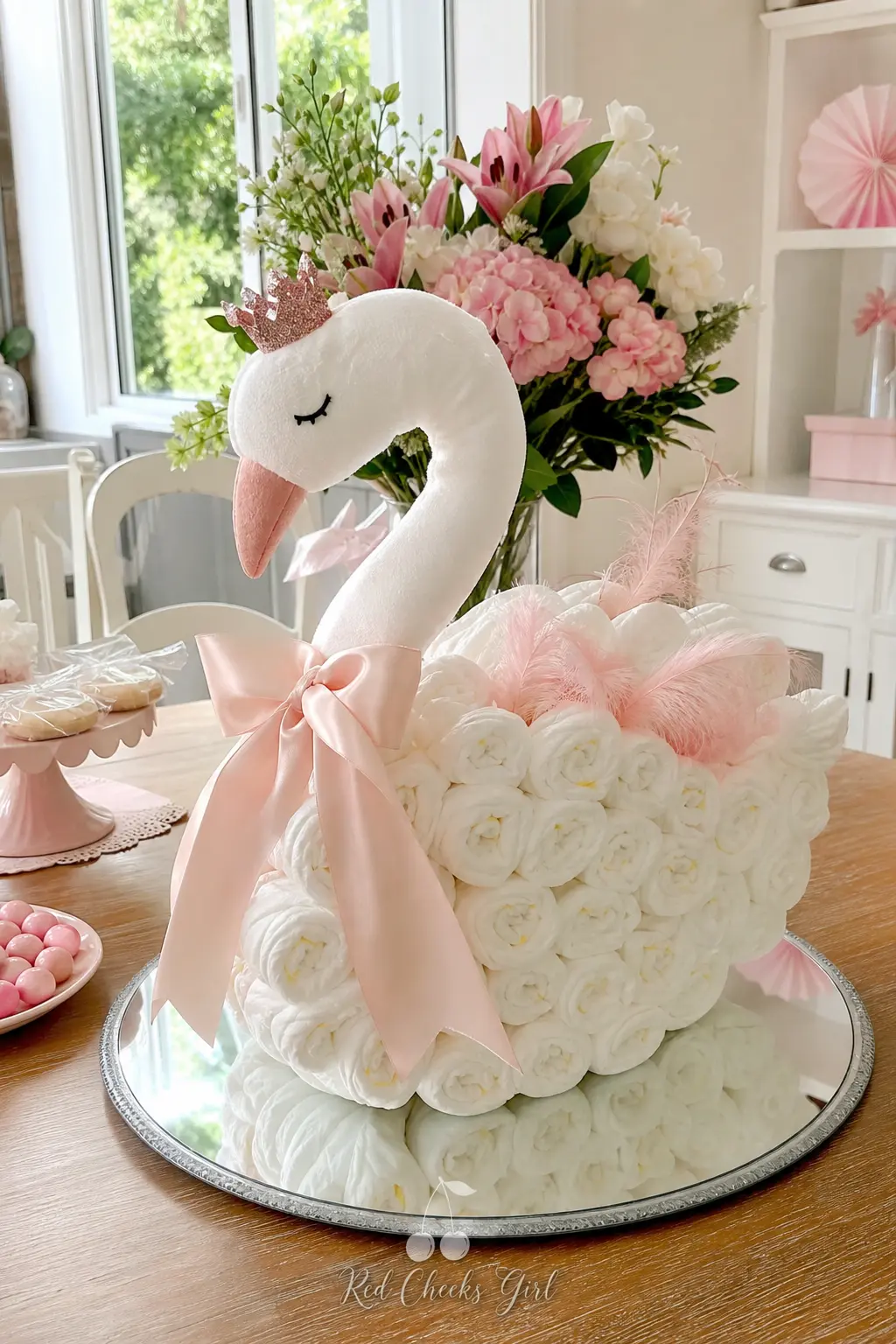 Diaper Swan — Diapers roll into a curved neck and rounded body to form a swan shape, wrapped in white ribbon with a blush pink bow at the base of the neck and