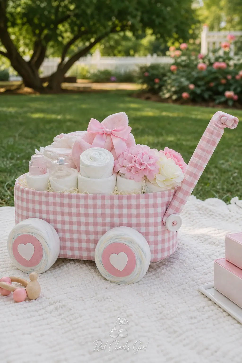 Diaper Wagon — A rectangular block of stacked diapers forms the bed of a small wagon, wrapped in blush pink gingham with two ribbon wrapped wheels glued to