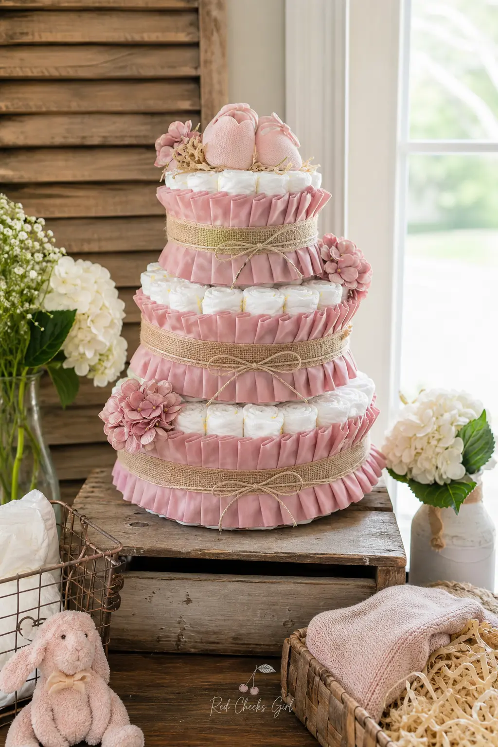 Dusty Rose Ruffle Diaper Cake — Each tier gets a band of ruffled dusty rose crepe ribbon instead of a flat one, so the whole cake has texture even before any