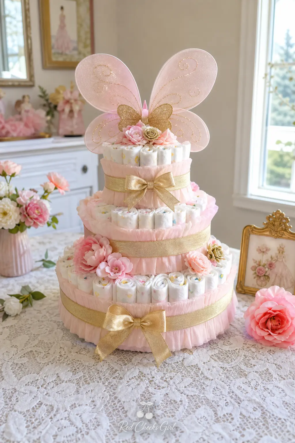 Fairy Wings Diaper Cake — Blush pink diapers wrapped in gold ribbon, with a small pair of fairy wings propped against the top tier and a layer of soft tulle