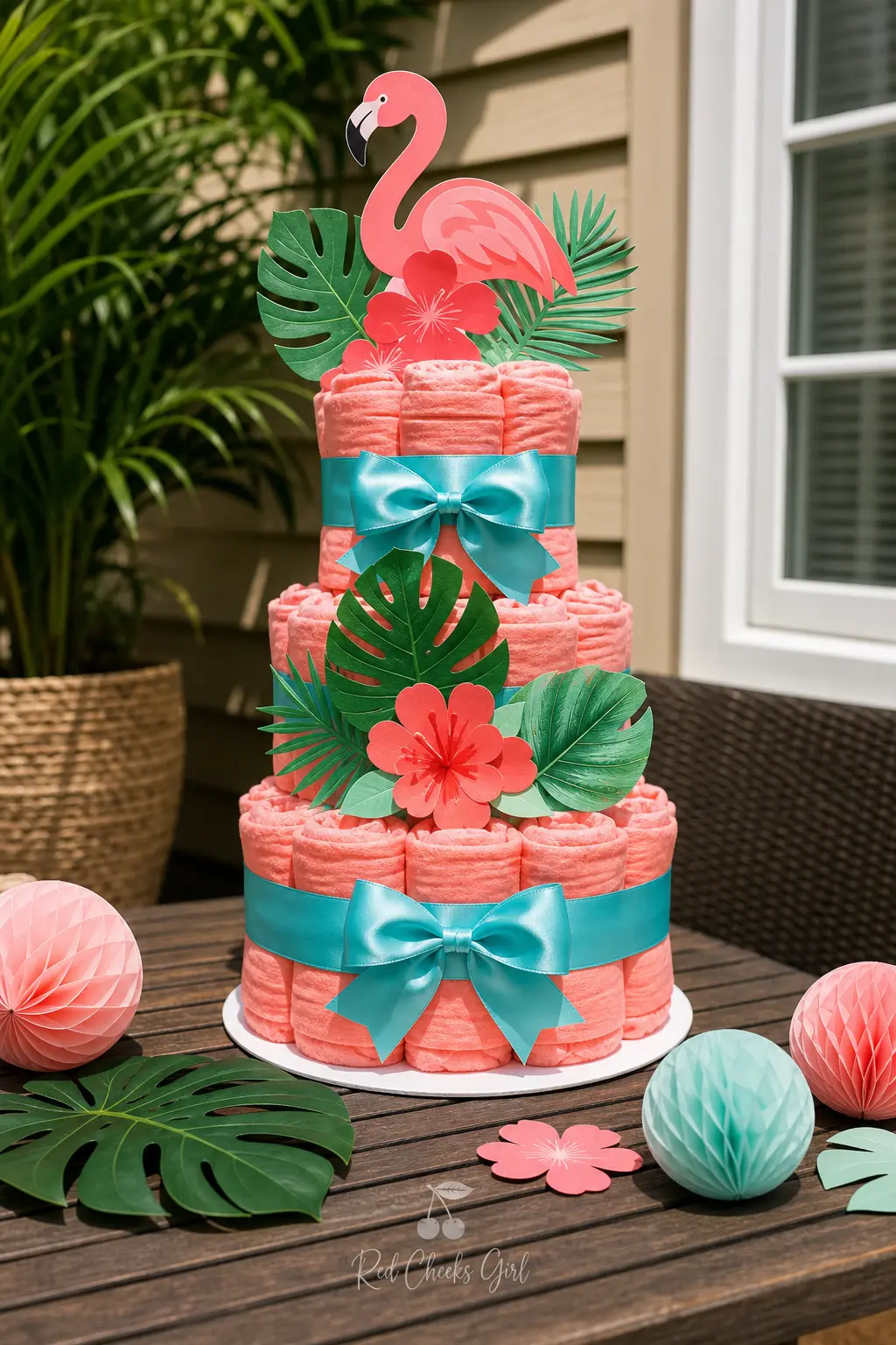 Flamingo Diaper Cake — Coral pink diapers wrapped in turquoise ribbon, with a small flamingo figure or plush perched at the top and a few faux tropical leaves