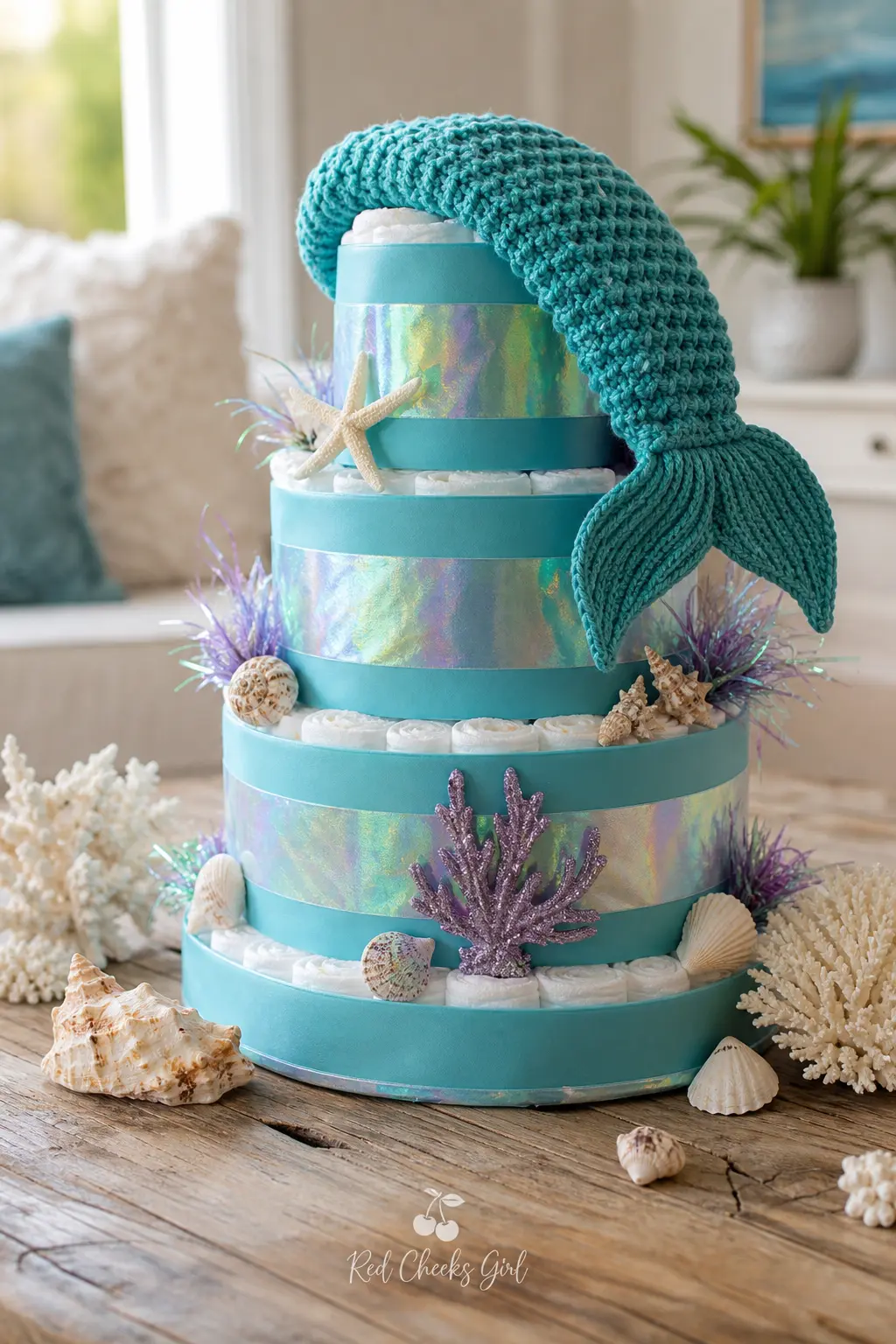 Mermaid Diaper Cake — Teal diapers wrapped in iridescent ribbon, with a small crocheted mermaid tail draped over the top tier and a few faux seashells tucked