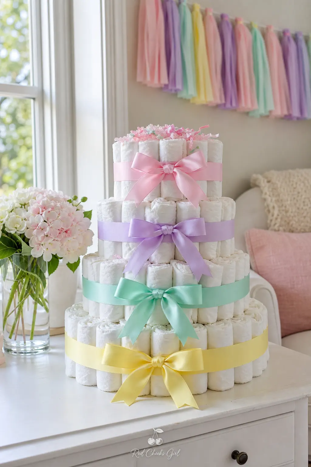 Pastel Rainbow Diaper Cake — Each tier gets its own soft ribbon color, pink, lilac, mint and butter yellow stacked bottom to top, with no topper at all beyond