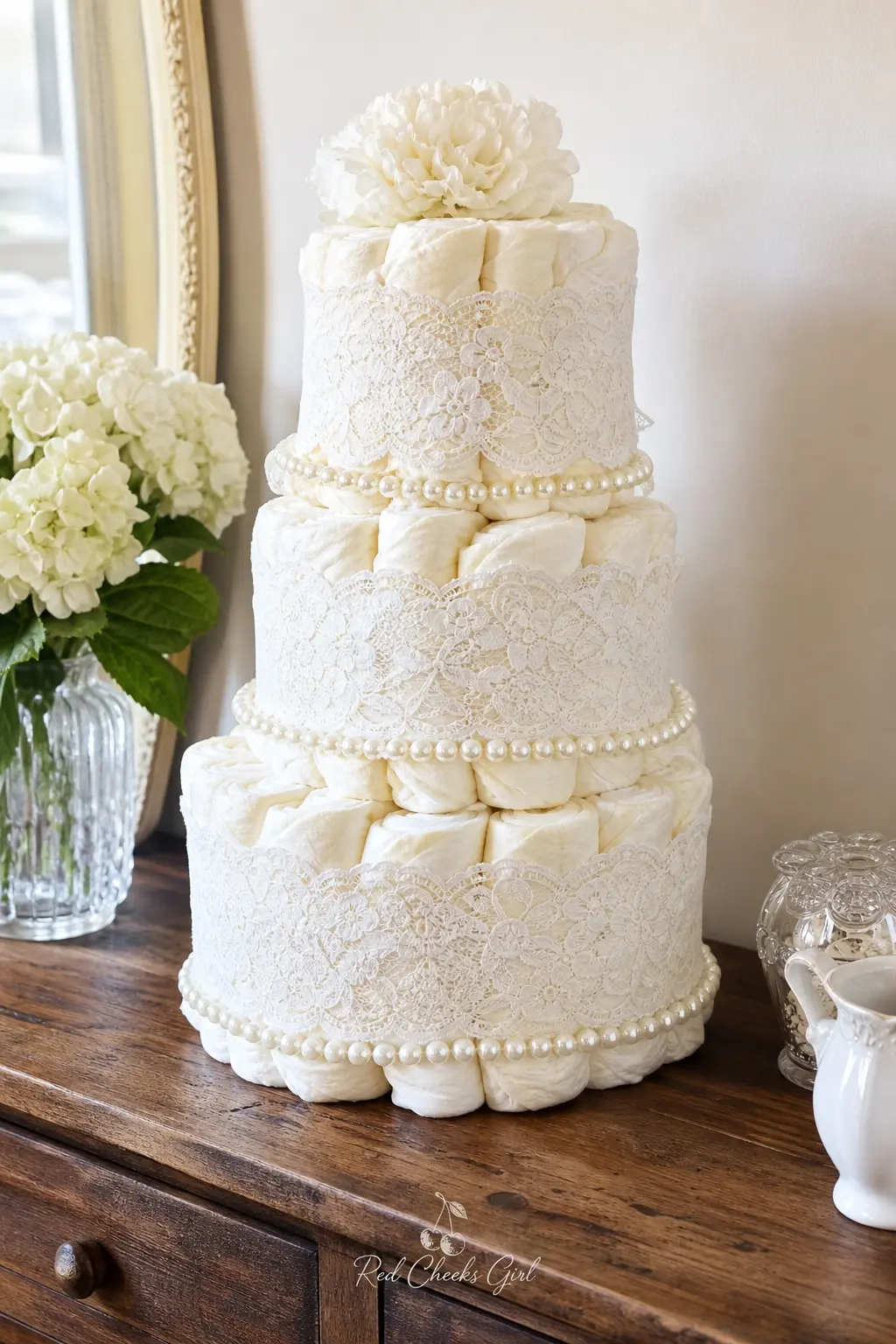 Pearl and Lace Diaper Cake — Ivory diapers get wrapped in a strip of white lace, with strands of small faux pearls looped around each tier like a necklace.