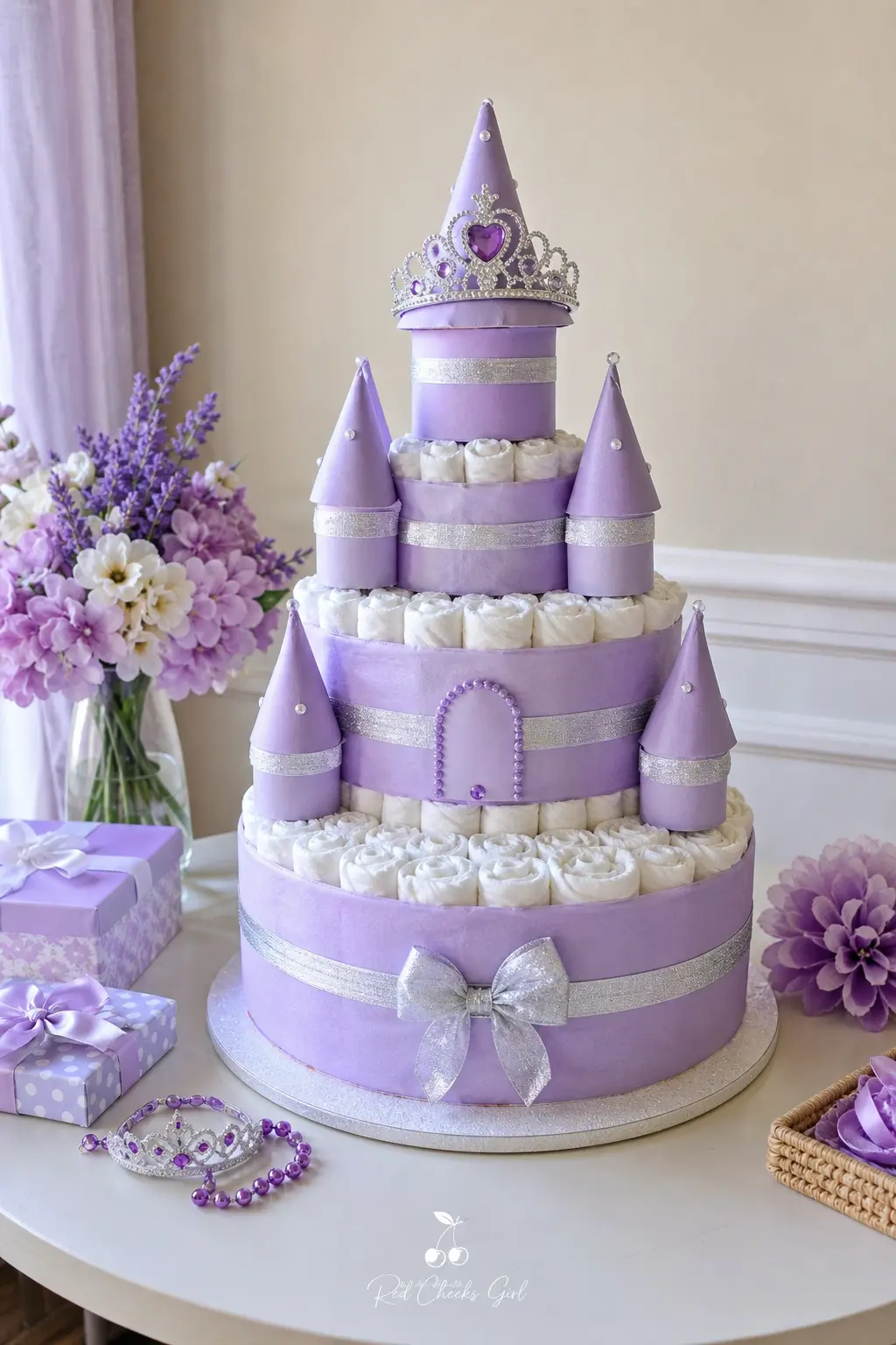 Princess Castle Diaper Cake — Lavender diapers wrapped in silver ribbon, built up into four tiers to mimic a turret, with a small tiara resting on top and a
