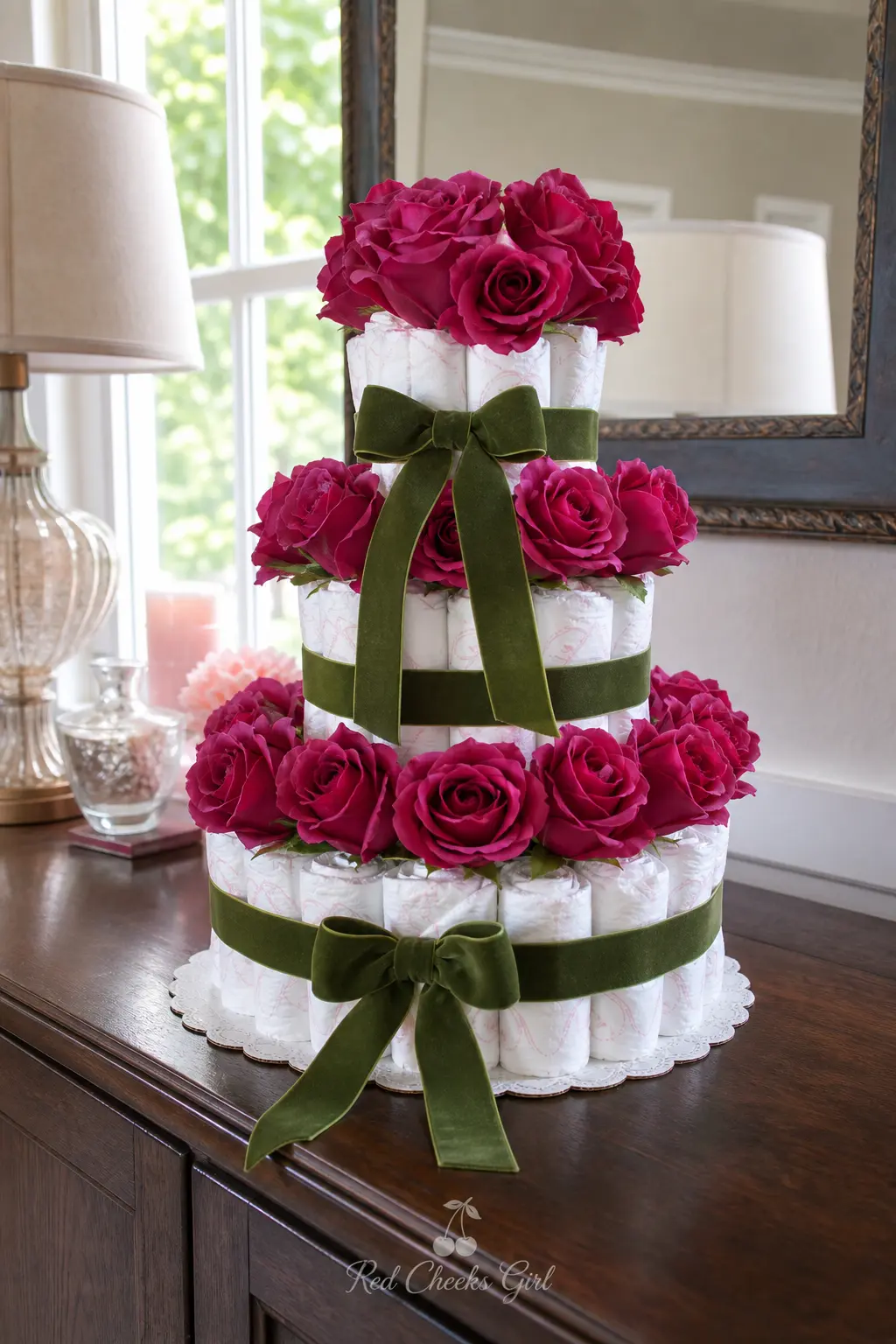 Rose Garden Diaper Cake — Deep fuchsia silk roses circle each tier, wrapped in a moss green velvet ribbon that reads richer than the usual satin. Diaper cakes