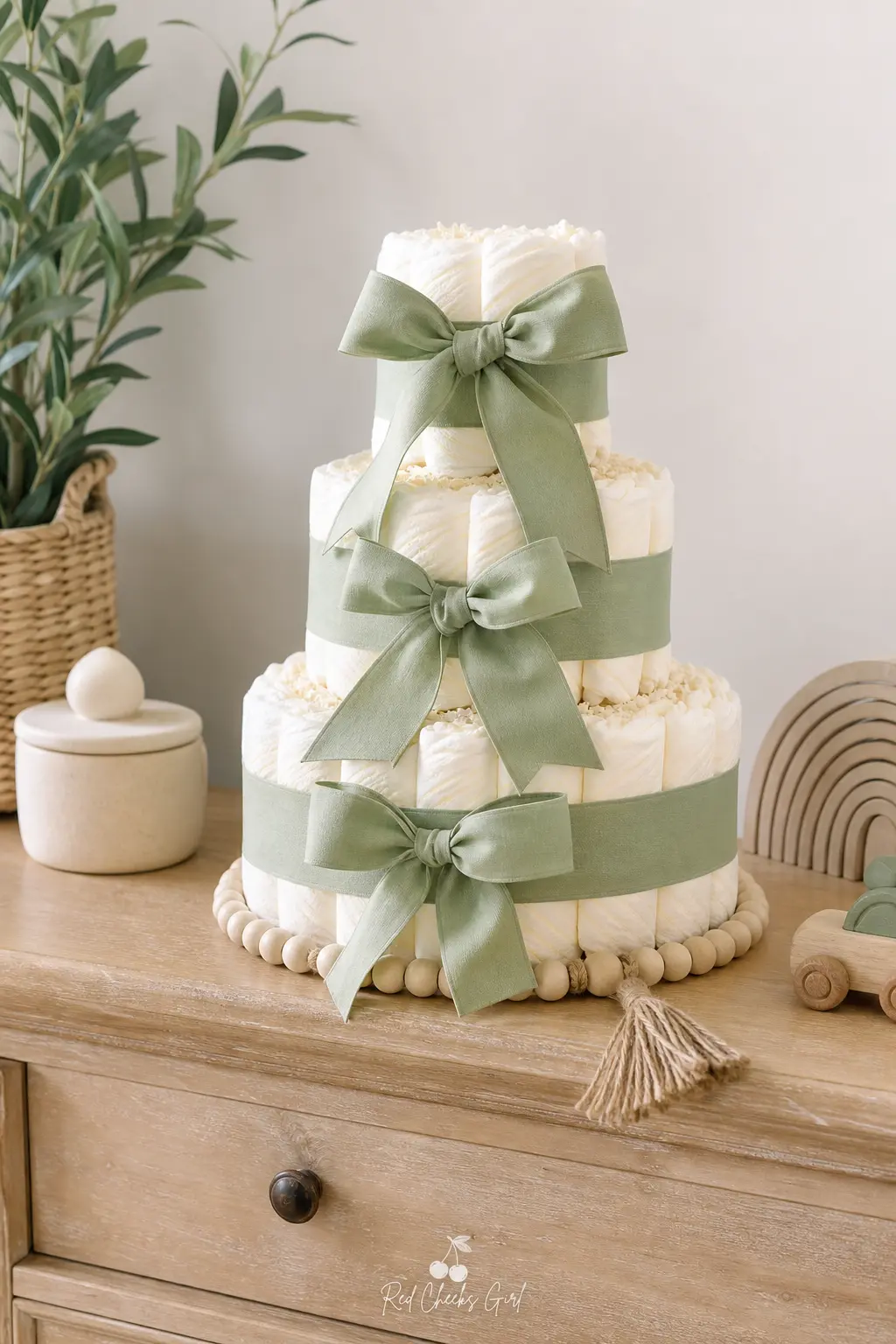 Sage and Cream Diaper Cake — Cream diapers wrapped in sage green ribbon, with a garland of natural wood beads looped around the base tier instead of florals.