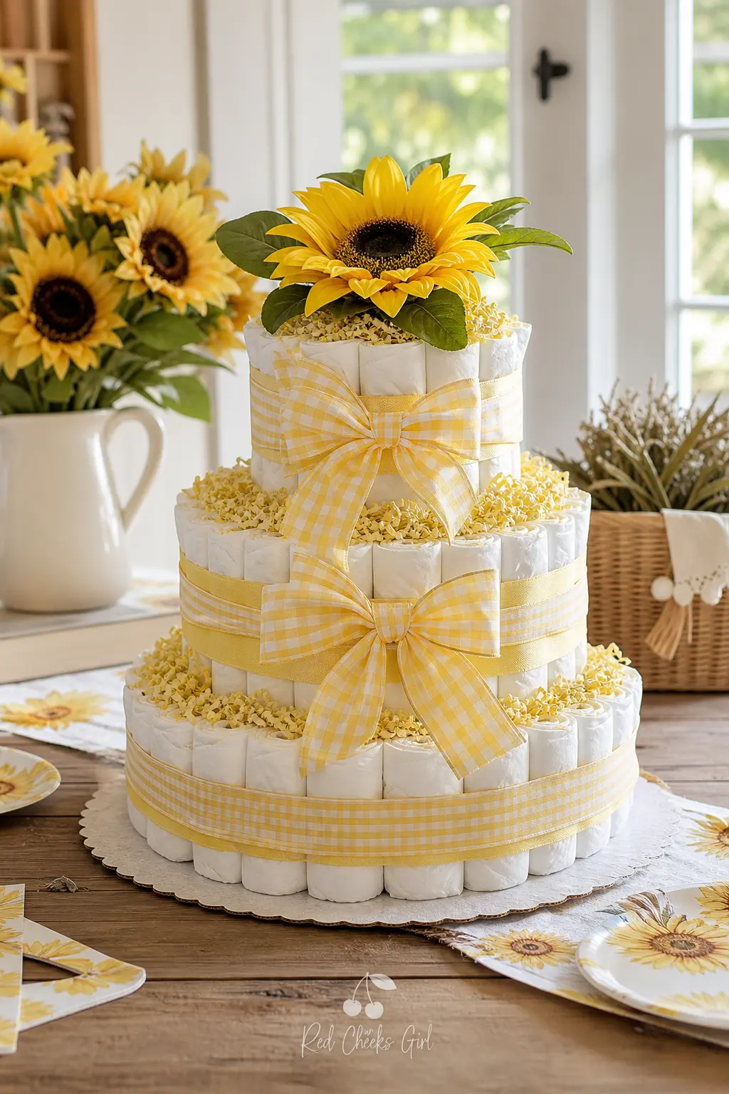 Sunflower Diaper Cake — Butter yellow diapers wrapped in cream gingham ribbon, topped with a cluster of silk sunflowers instead of the usual bow. Diaper cakes