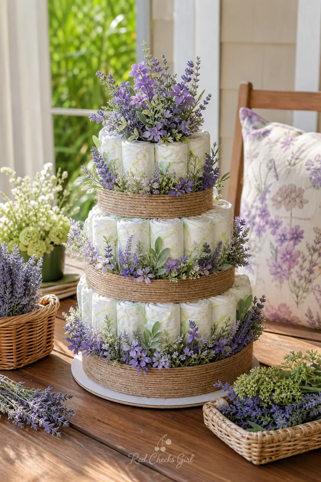 Wildflower Meadow Diaper Cake — Lavender and sage green silk wildflower stems get tucked between the diaper rolls all the way around, so the flowers look