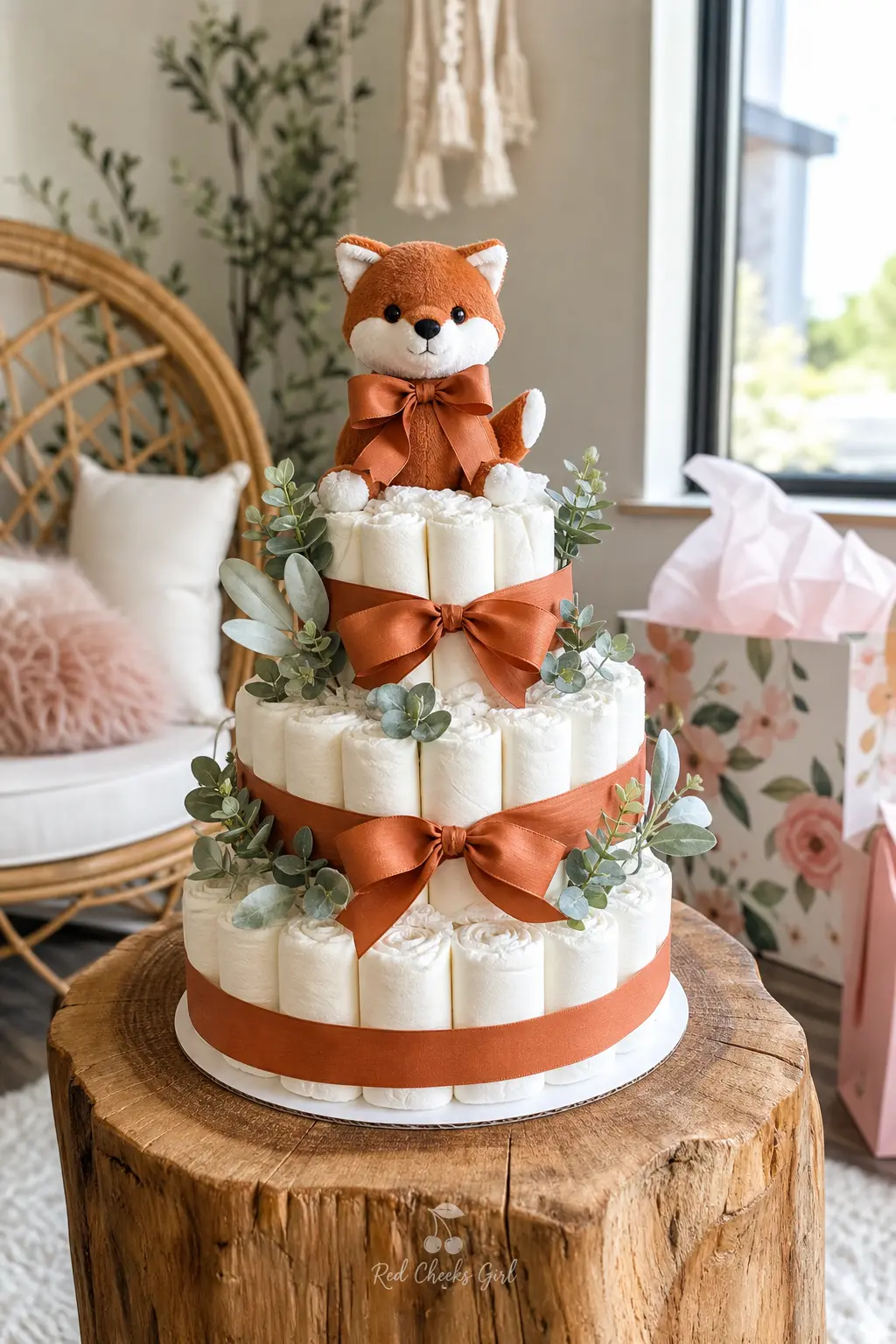 Woodland Fox Diaper Cake — Terracotta ribbon in a dyed, not raw, tone wraps cream diapers, with a small plush fox tucked at the top and a scattering of faux