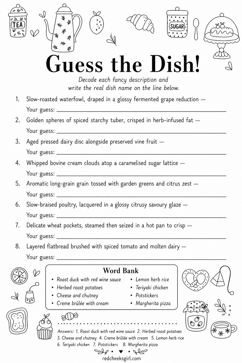 Guess the Dish Sheet printable