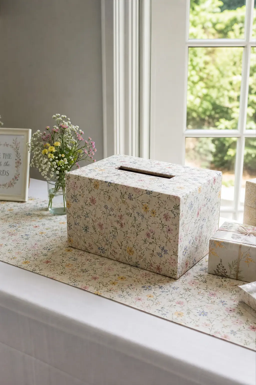 Card Box Covered in the Same Fabric as the Table Runner