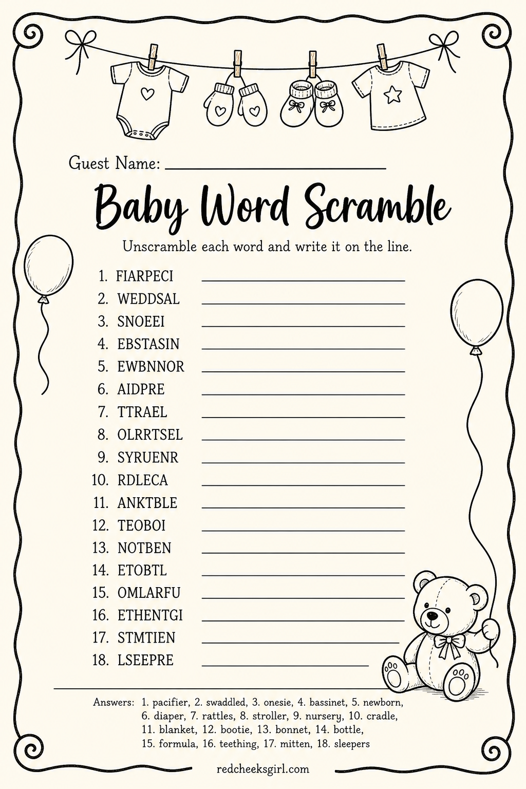 Baby Word Scramble printable