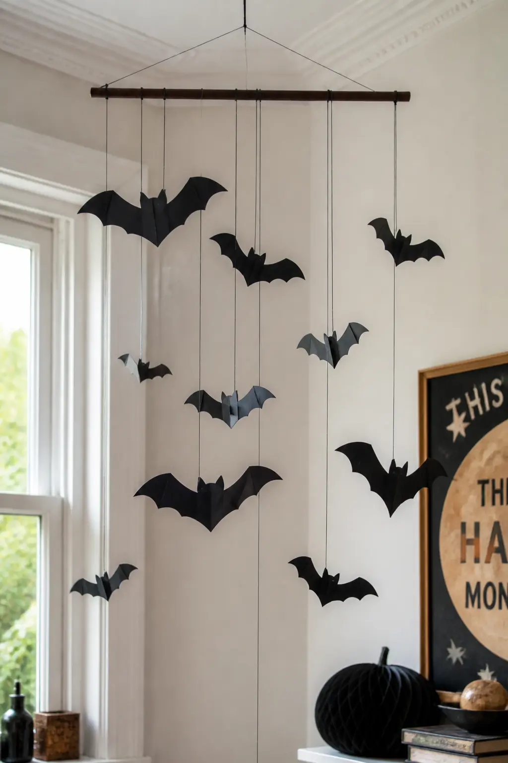 Bat Mobile for High Ceilings — Cut bats from black and very dark charcoal card stock in three sizes. DIY cardboard Halloween decorations