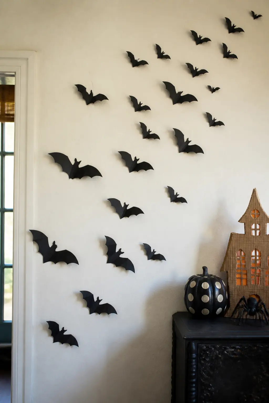 Black Bat Scatter Wall — Trace and cut fifty or so bats in three sizes from black card stock. DIY cardboard Halloween decorations