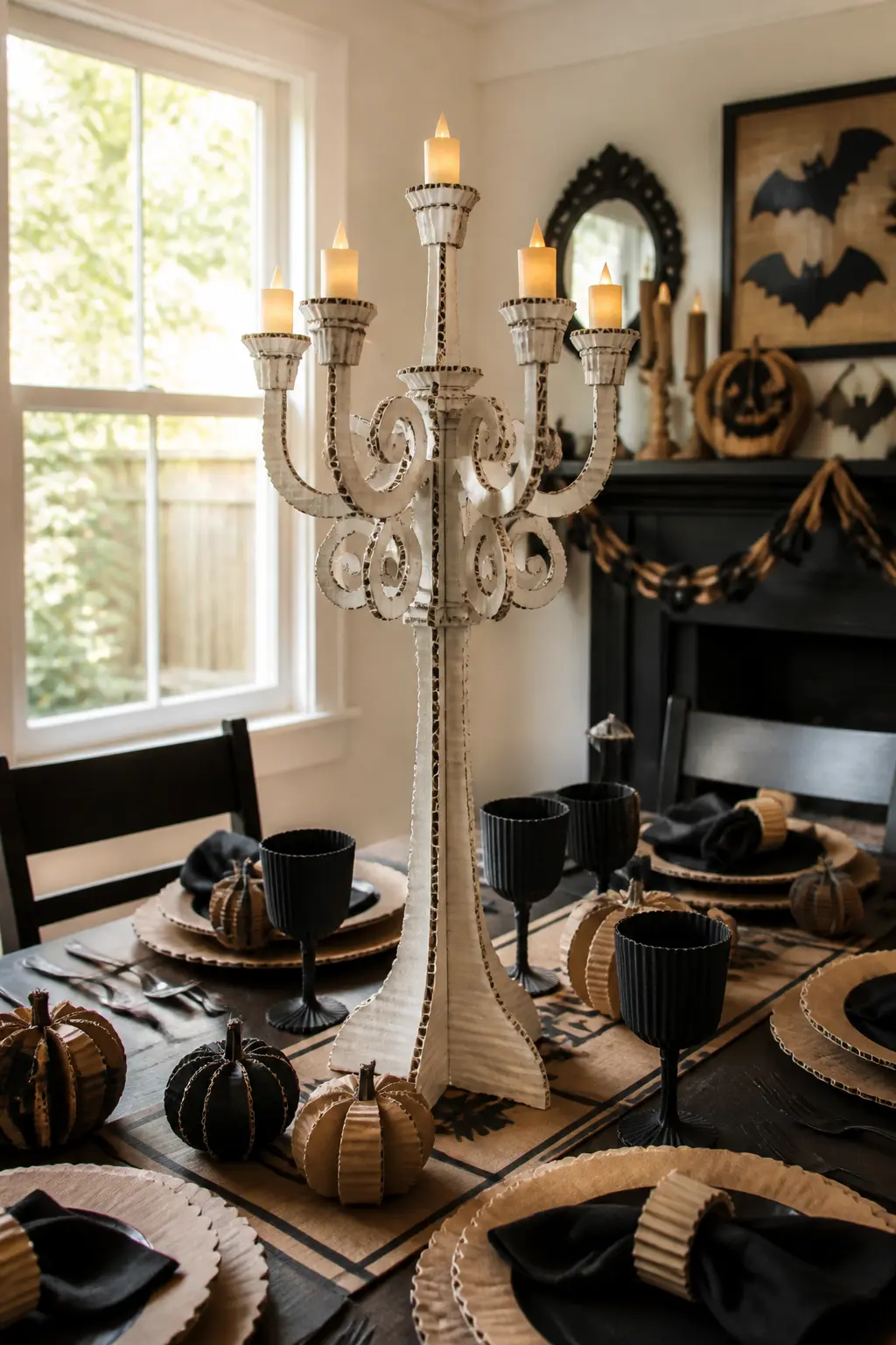 Cardboard Candelabra — Roll sheets of corrugated board into tight cylinders for the column and arms, then cut and glue a drip-shaped wax-drip collar around the