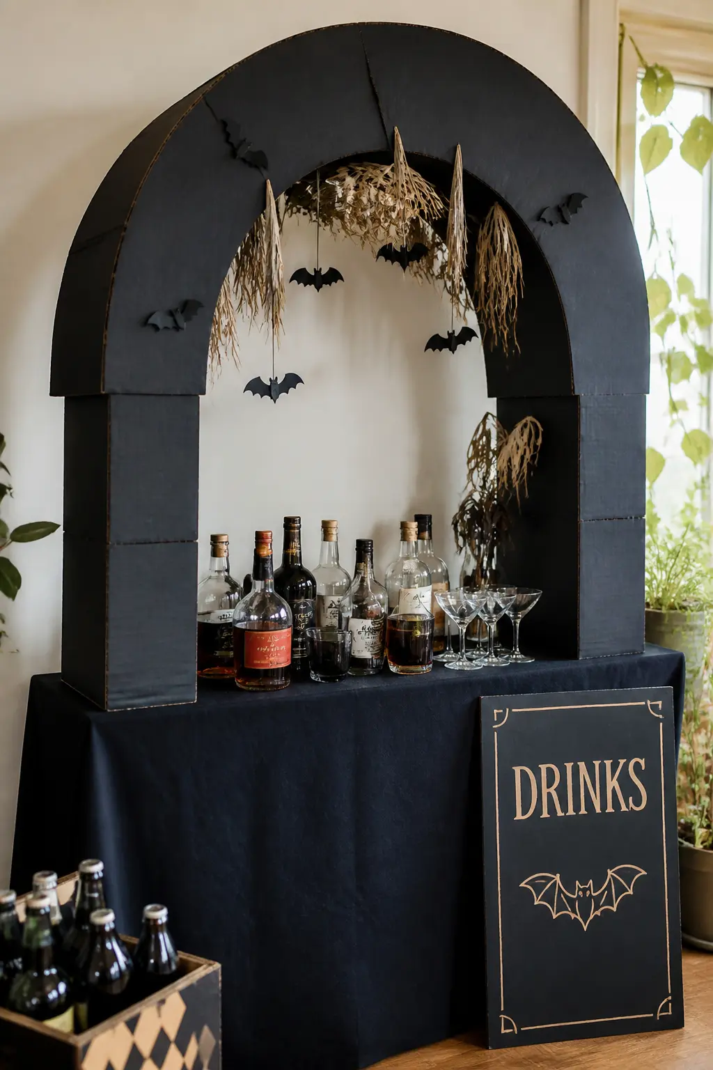 Cardboard Drink Station Arch — Build a freestanding arch from two tall corrugated-board columns connected at the top with a curved crosspiece. DIY cardboard