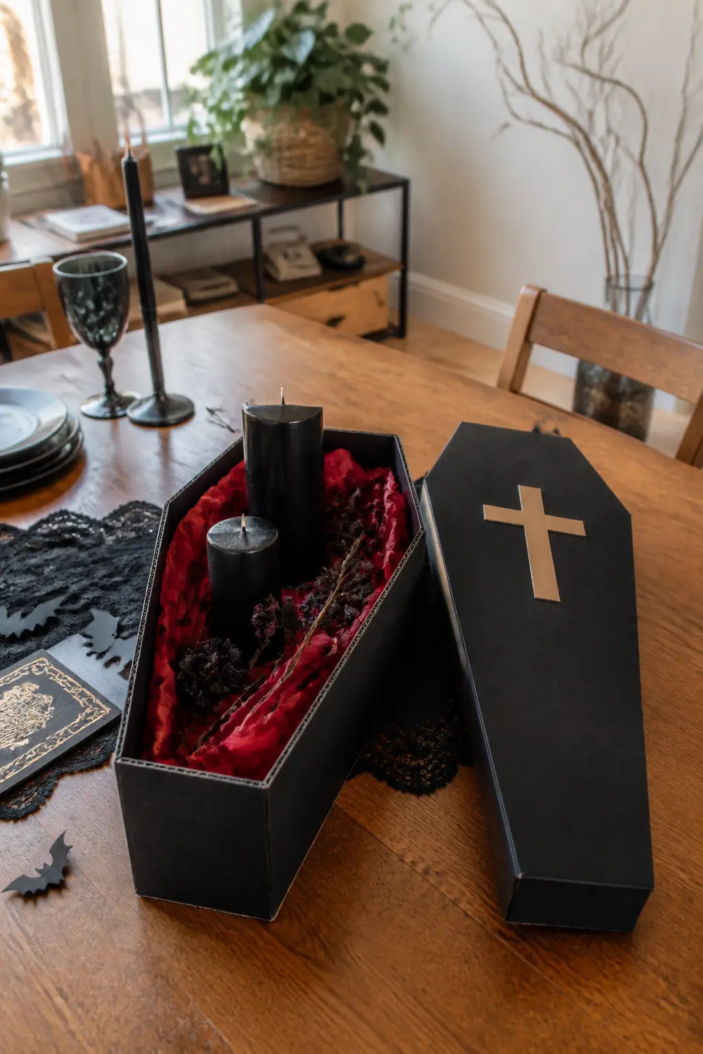 Coffin Centrepiece Box — Score and fold corrugated cardboard into a shallow coffin shape with a removable lid. DIY cardboard Halloween decorations