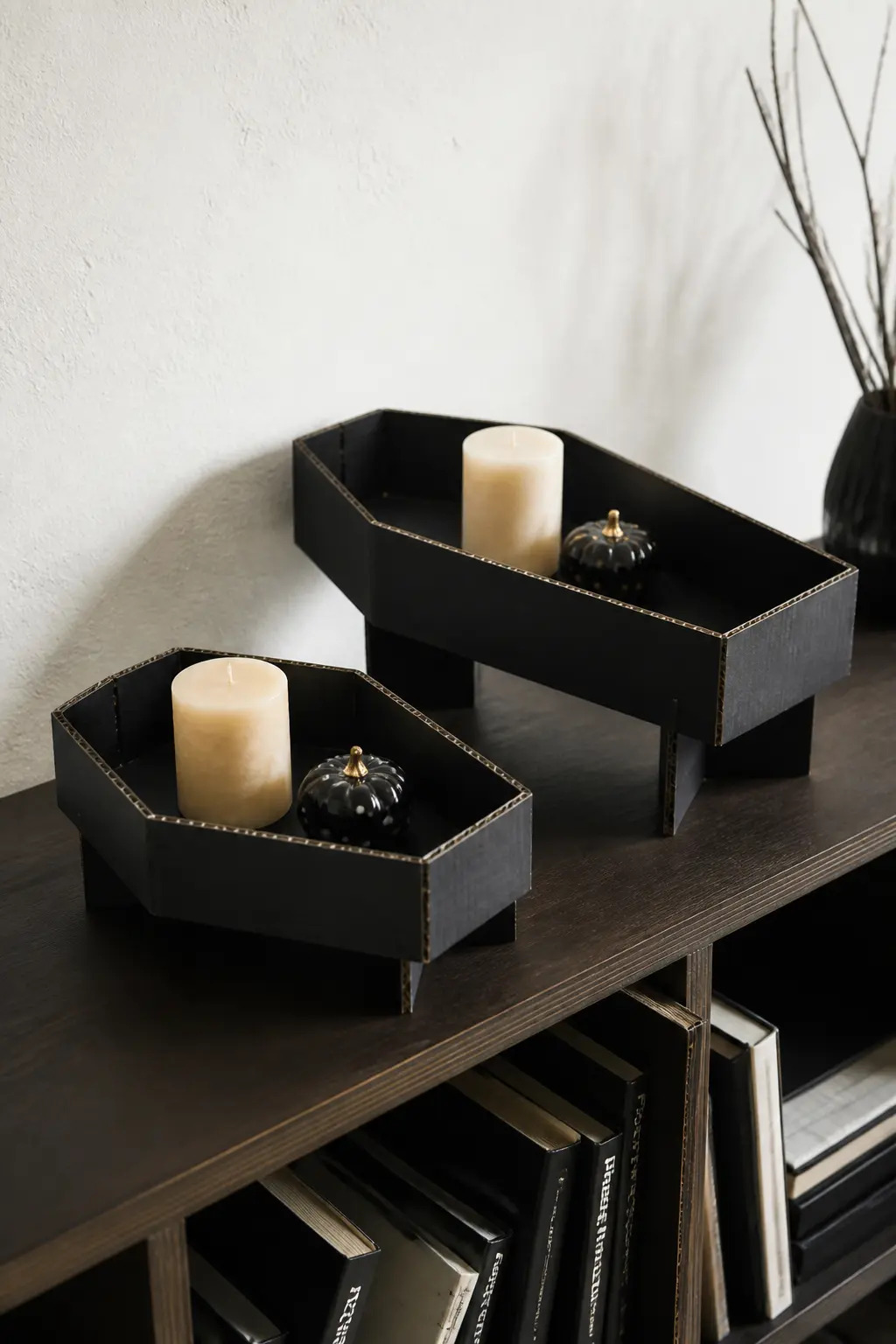 Corrugated Coffin Shelf Risers — Build shallow open-top coffin forms in two sizes from corrugated board, with no lid. DIY cardboard Halloween decorations