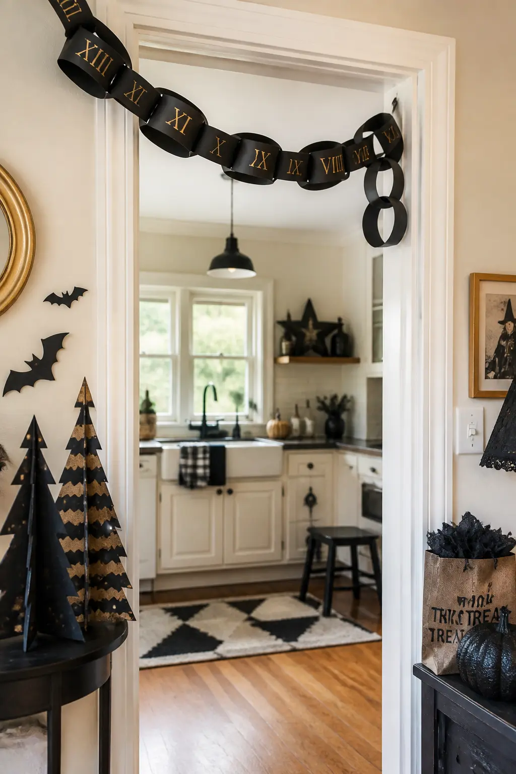 Countdown Number Chain — Cut thirteen equal rectangles from black card stock and number them XIII down to I in gold or bone paint. DIY cardboard Halloween