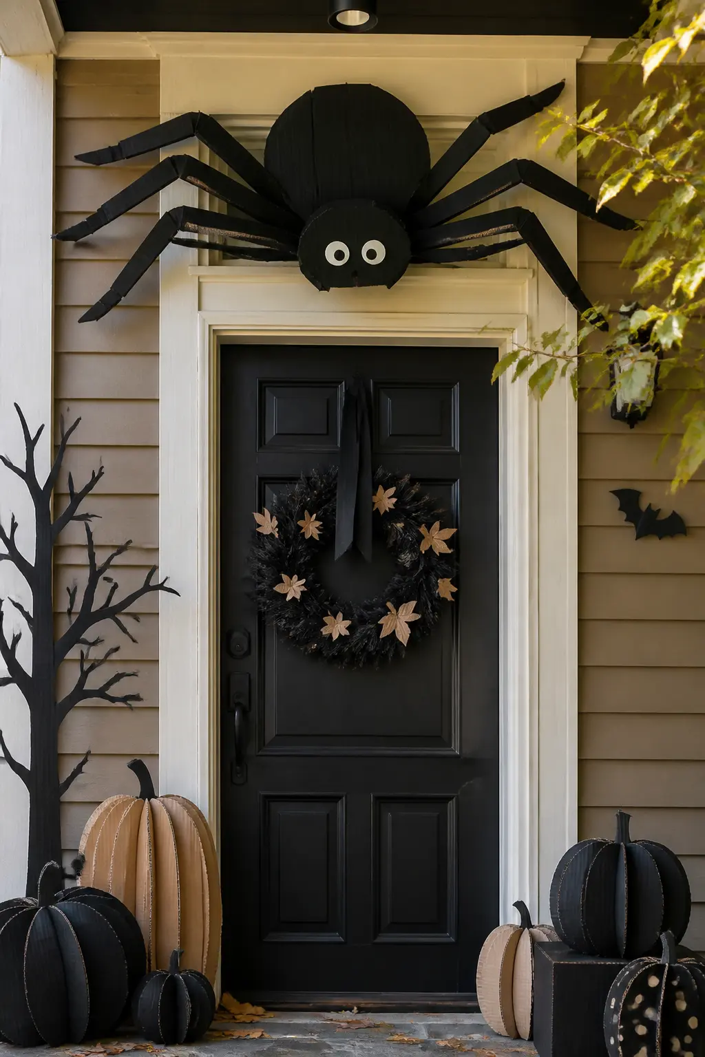 Giant Spider Over the Door — Cut a large circle body and a smaller head circle from black corrugated board. DIY cardboard Halloween decorations