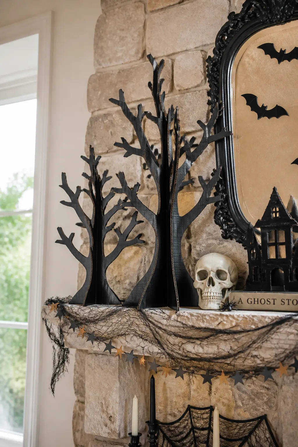 Layered Haunted Tree Sculpture — Cut four identical bare-tree profiles from black corrugated board. DIY cardboard Halloween decorations