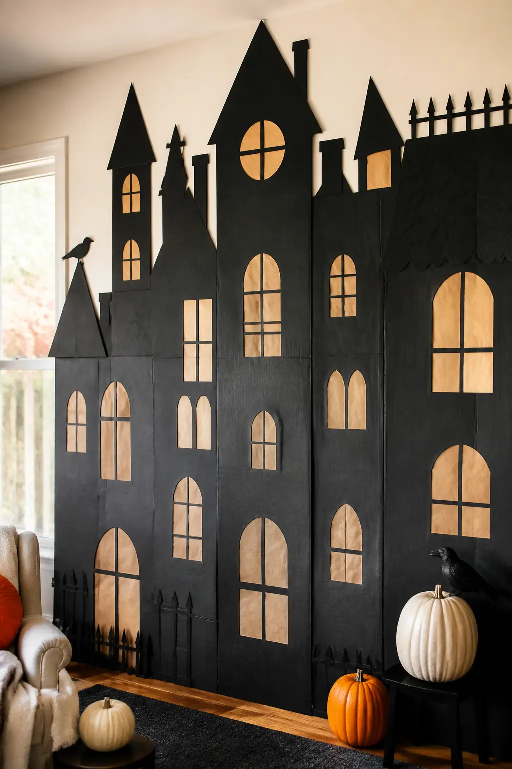 Life-Size Haunted House Wall Mural — Cut a haunted mansion silhouette from large sheets of black corrugated cardboard and mount it directly on a living room