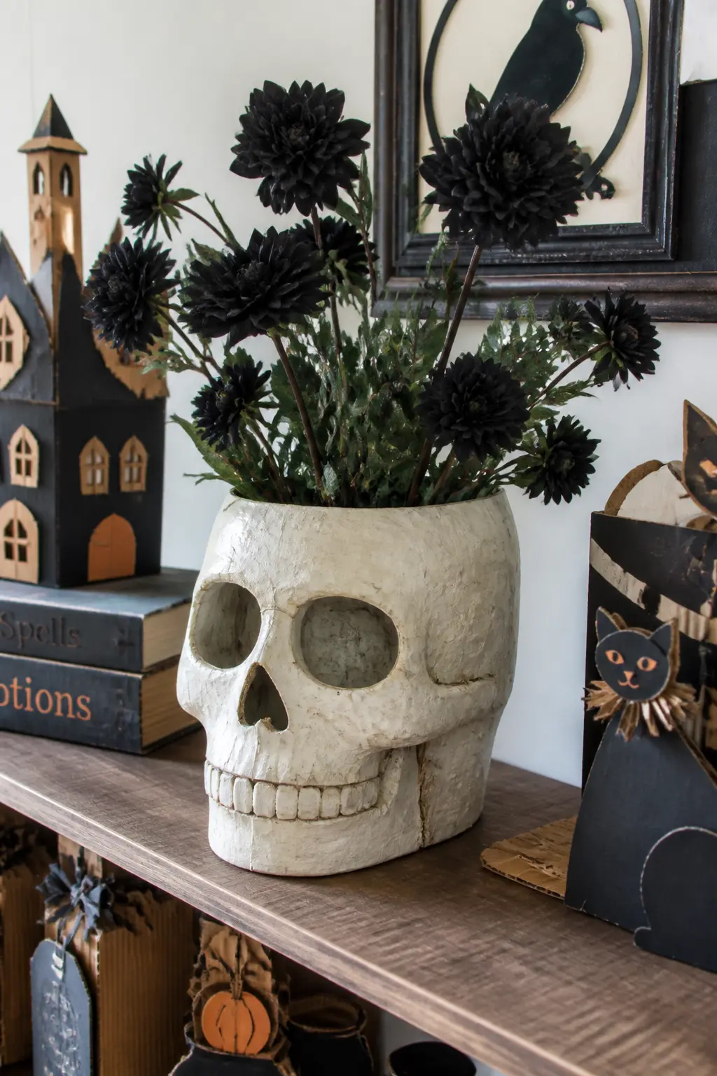 Paper-Tube Skull Vase — Build a skull form over a glass jar using cardboard pieces: a rounded back panel, a jaw shelf, cheekbone wedges, and eye socket rings