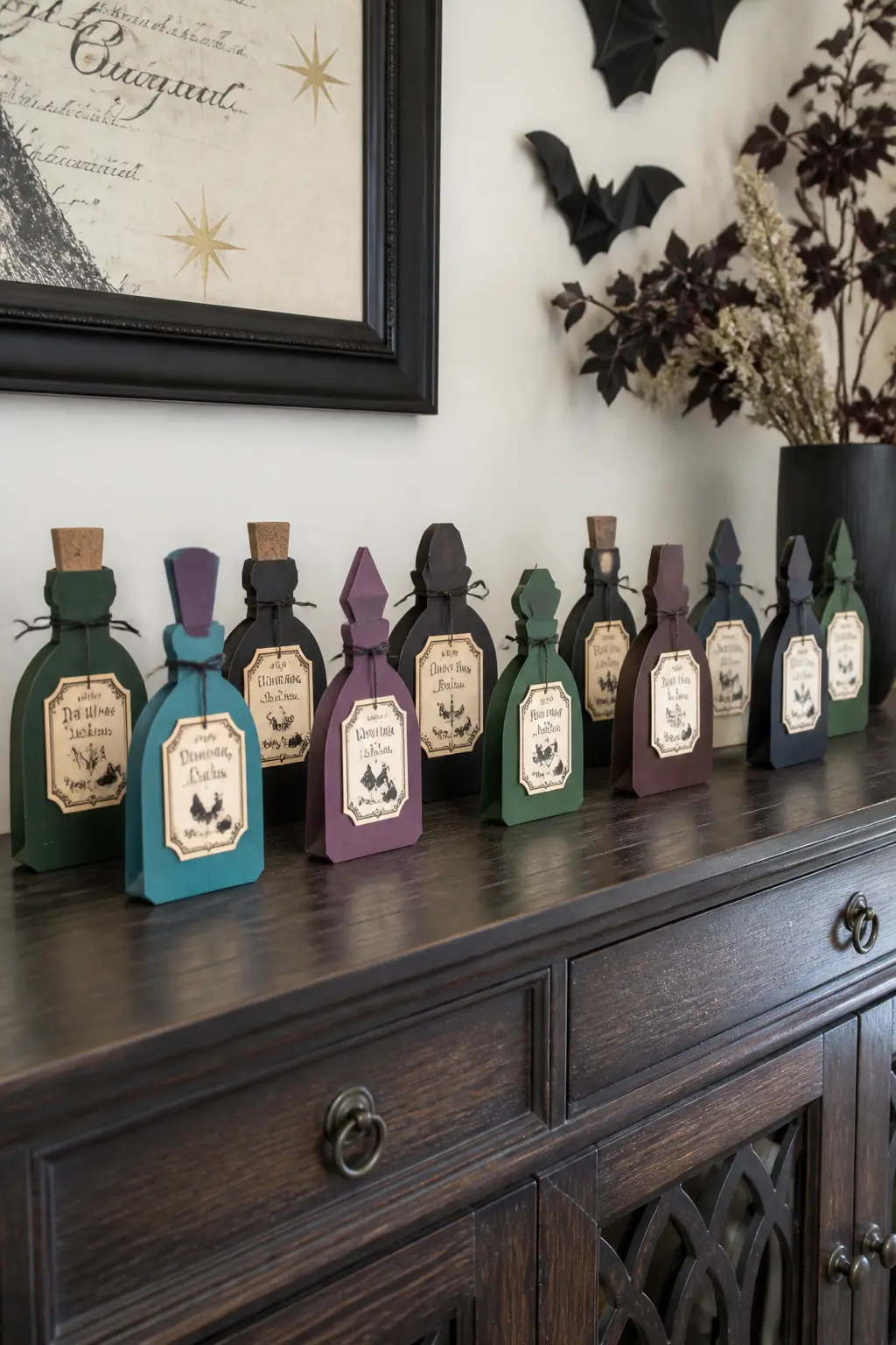Potion Bottle Favour Boxes — Cut and fold card stock into small potion-bottle shapes: a rounded base with a narrower neck, no wider than a fist. DIY cardboard