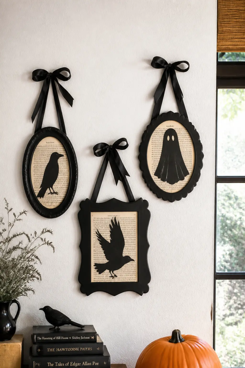 Spellbook Page Silhouette Frames — Cut ornate frame shapes from black card stock: oval, rectangular with curved corners, and a wider cartouche. DIY cardboard