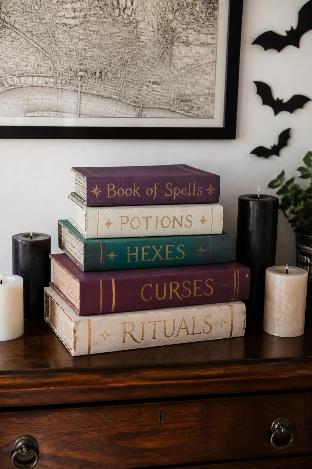 Stacked Cardboard Books — Cut several rectangular book-block shapes from thick corrugated board and seal the edges with kraft tape to suggest a spine. DIY