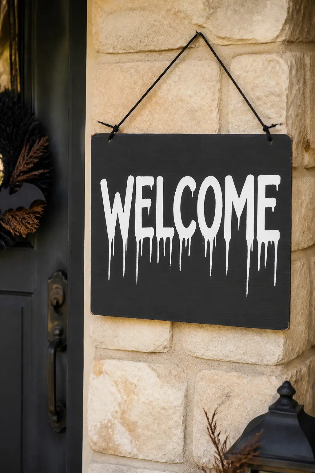 Welcome Sign With Dripped Lettering — Cut a wide rectangular sign blank from double-layered corrugated board for rigidity. DIY cardboard Halloween decorations