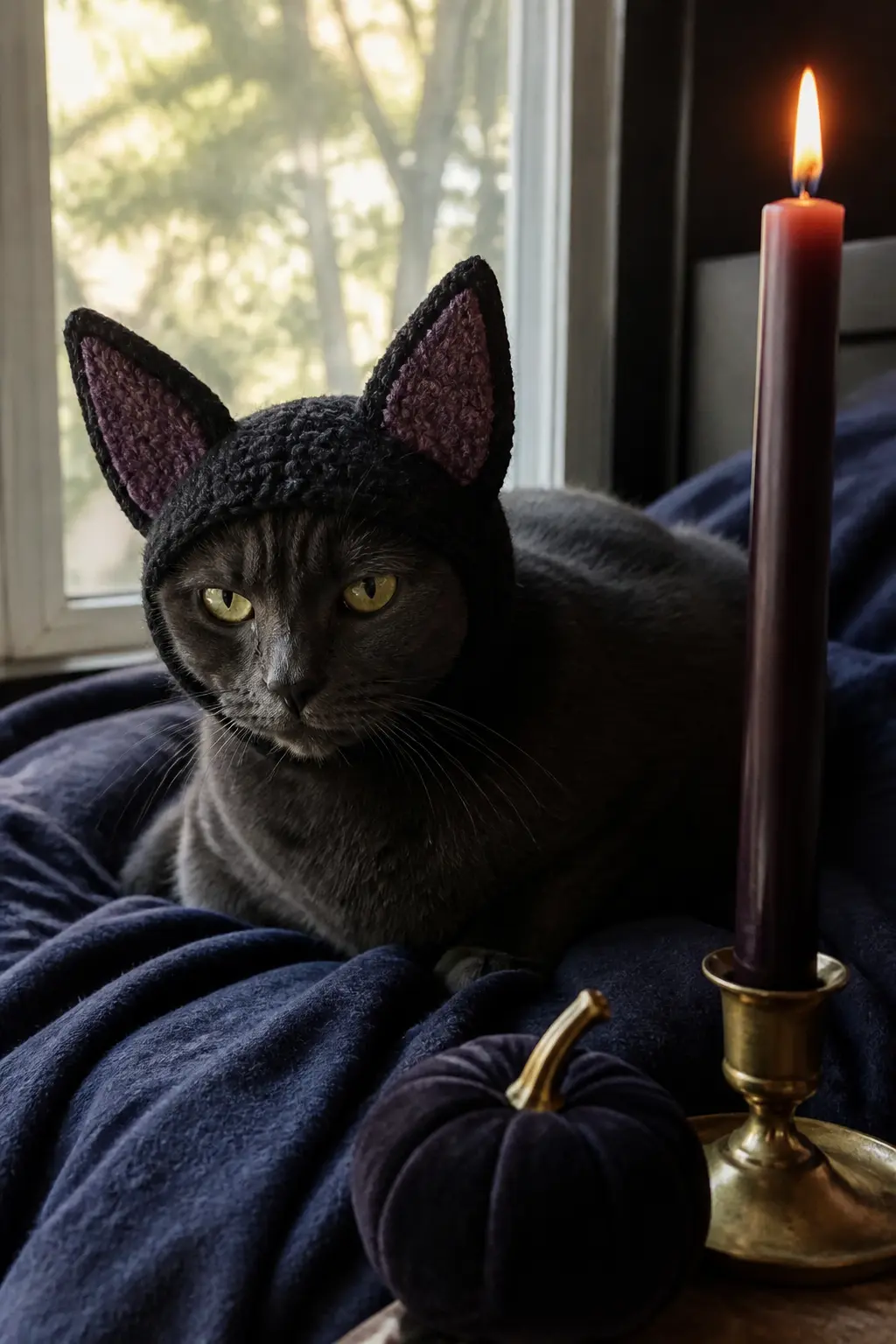 The Crochet Bat Ear Hat — A simple crocheted beanie-style cat hat in dark grey or black with two pointed bat ears worked directly into the top is more wearable