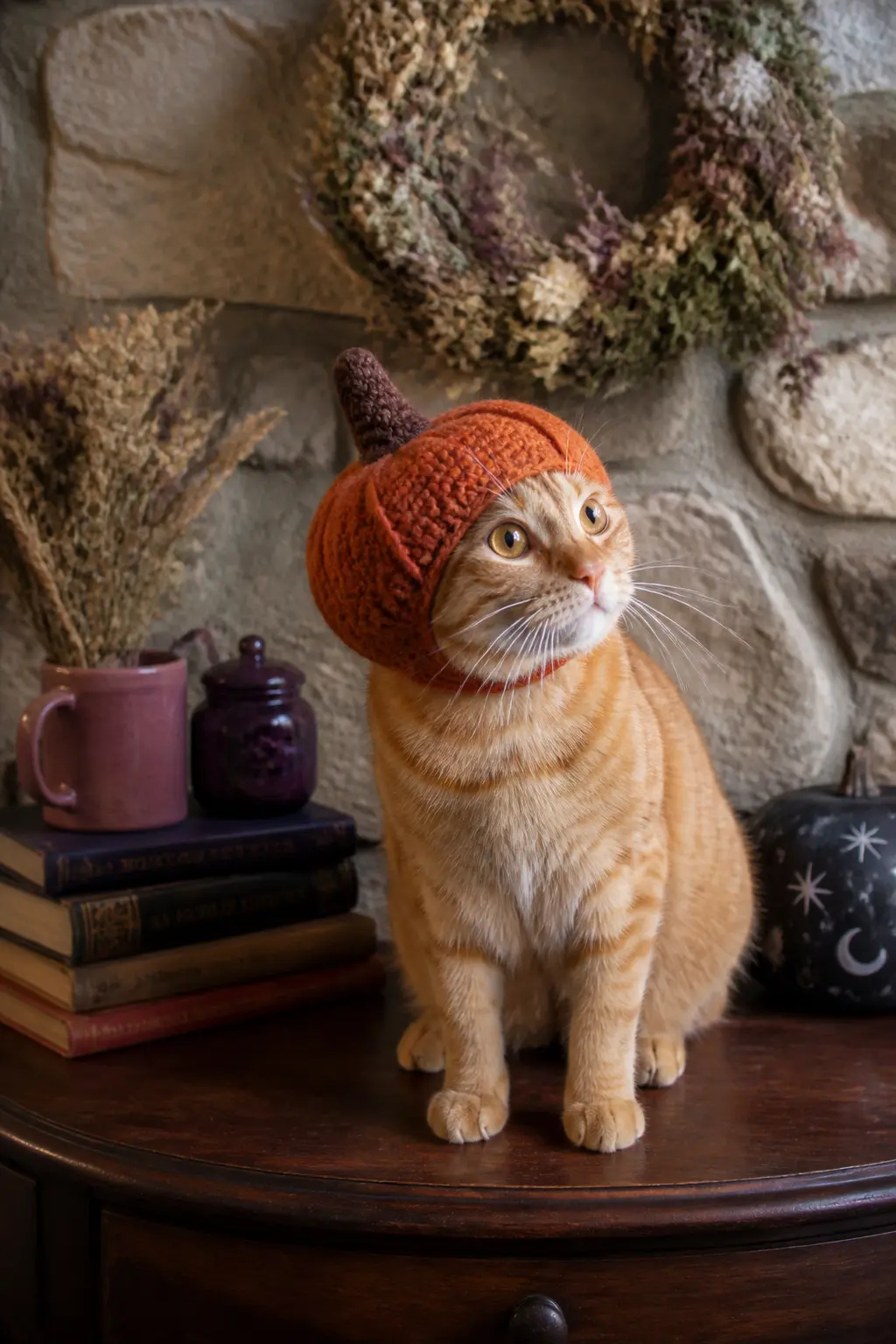 The Crochet Pumpkin Hat — A small orange crochet hat shaped like a pumpkin, with a short brown stem at the top and a few green chain-stitch vines, is one of