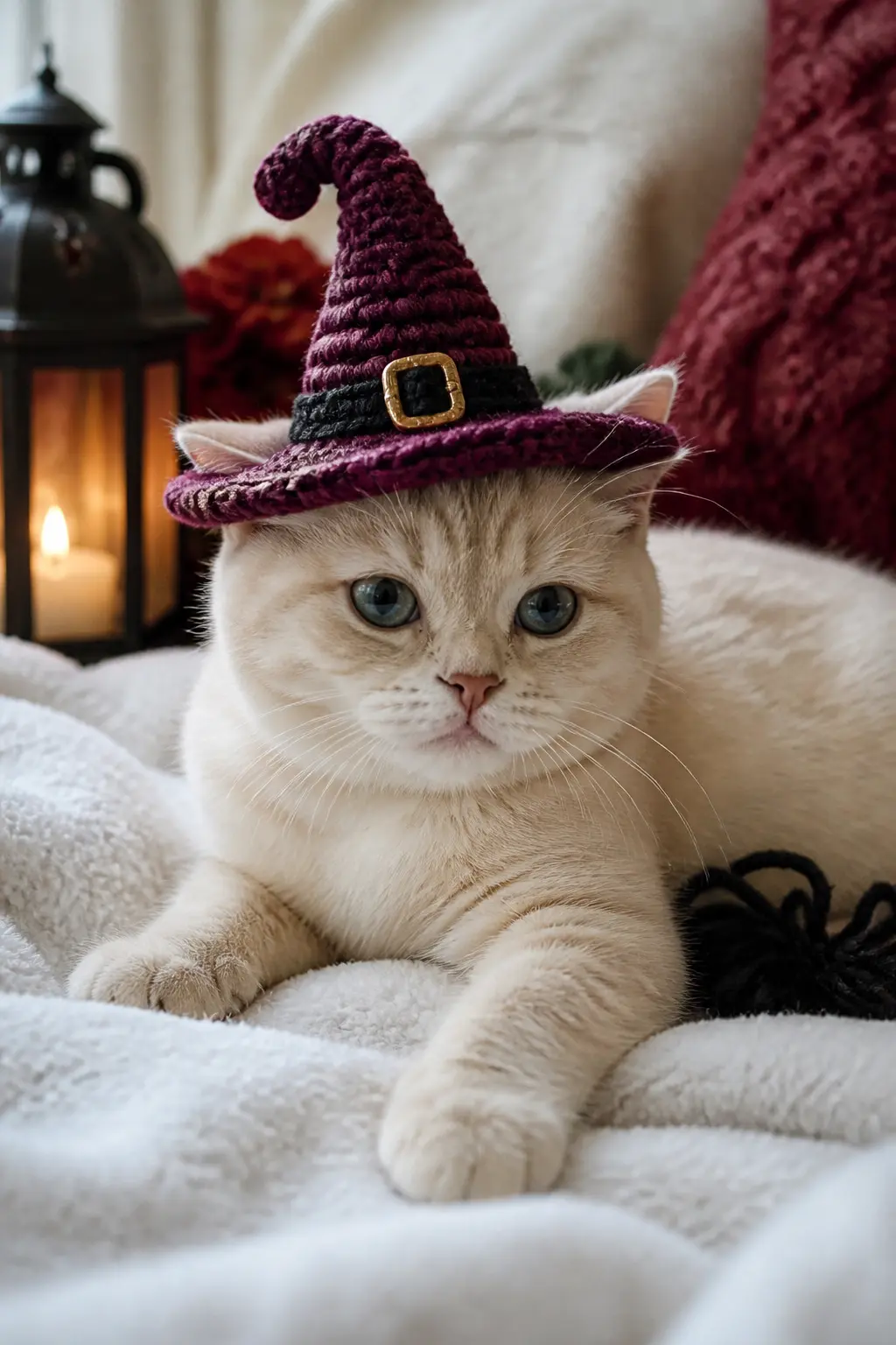 The Crochet Witch Hat — A crocheted witch hat in deep plum with a gold yarn buckle and a green band sits on a kitten like it was made for the specific shape of