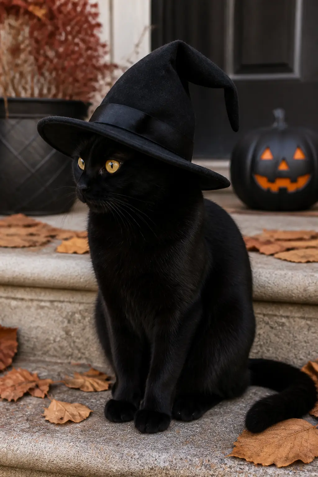 The Full Fabric Witch Hat With Drooping Brim — Cut a cone from stiff black felt and a wide circle for the brim, then let the tip curve or droop slightly by not
