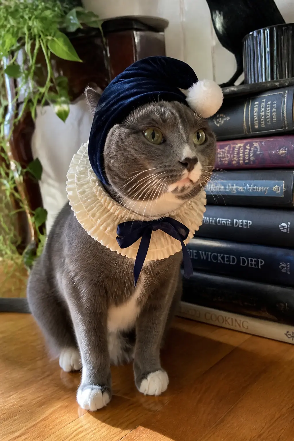 The Ivory Pom-Pom Sleep Cap — A tiny nightcap in navy velvet with a white pom-pom at the tip reads as a whimsical wizard or storybook character rather than a