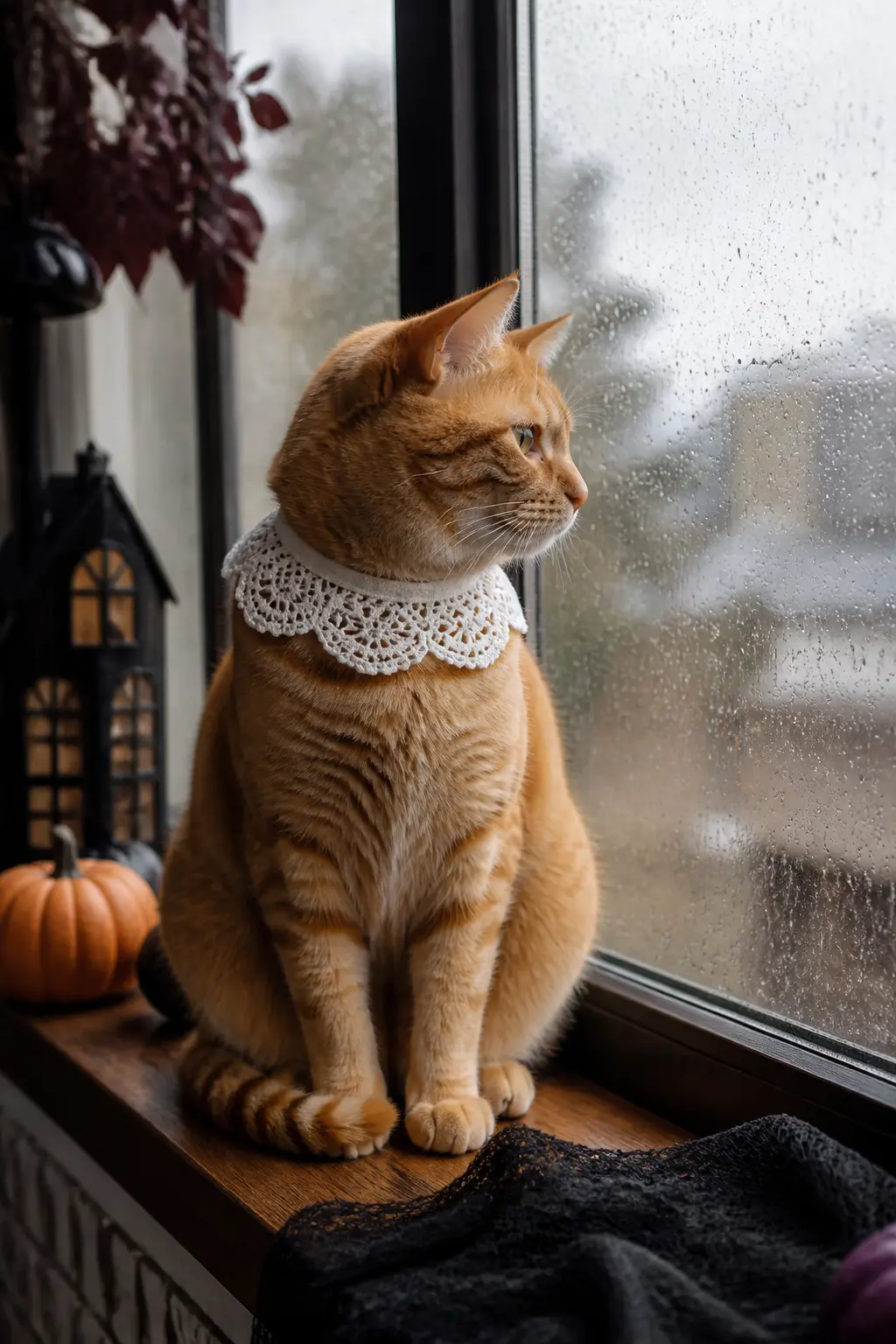 The Lace Bib Collar — A bib-shaped piece of white or ecru lace, attached at the back of the neck with a ribbon tie, creates a Victorian ghost or gentle spectre