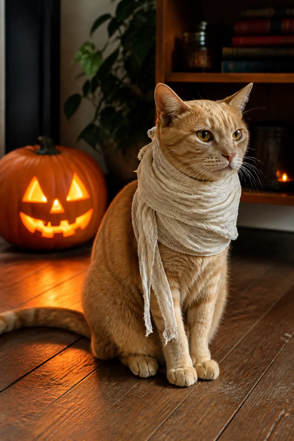 The Mummy Collar Wrap — A few loose wraps of ivory cotton gauze or cheesecloth around the cat's neck, secured with a single safety pin at the back, creates a