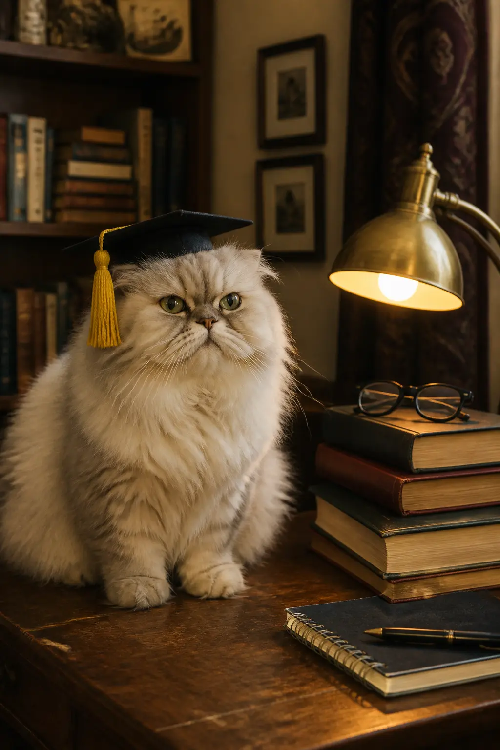The Professor Mortarboard — A tiny square mortarboard cut from black card and felt, with a thin elastic chin loop, turns a cat into a professor, a wizard