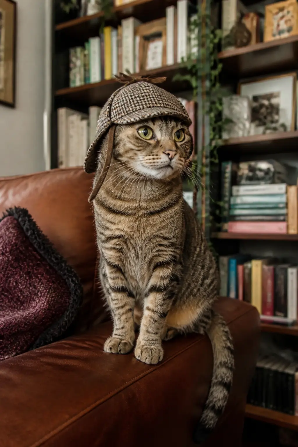 The Tiny Detective Deerstalker — A deerstalker in brown or grey herringbone fabric immediately reads as a fictional detective, and on a cat with an already