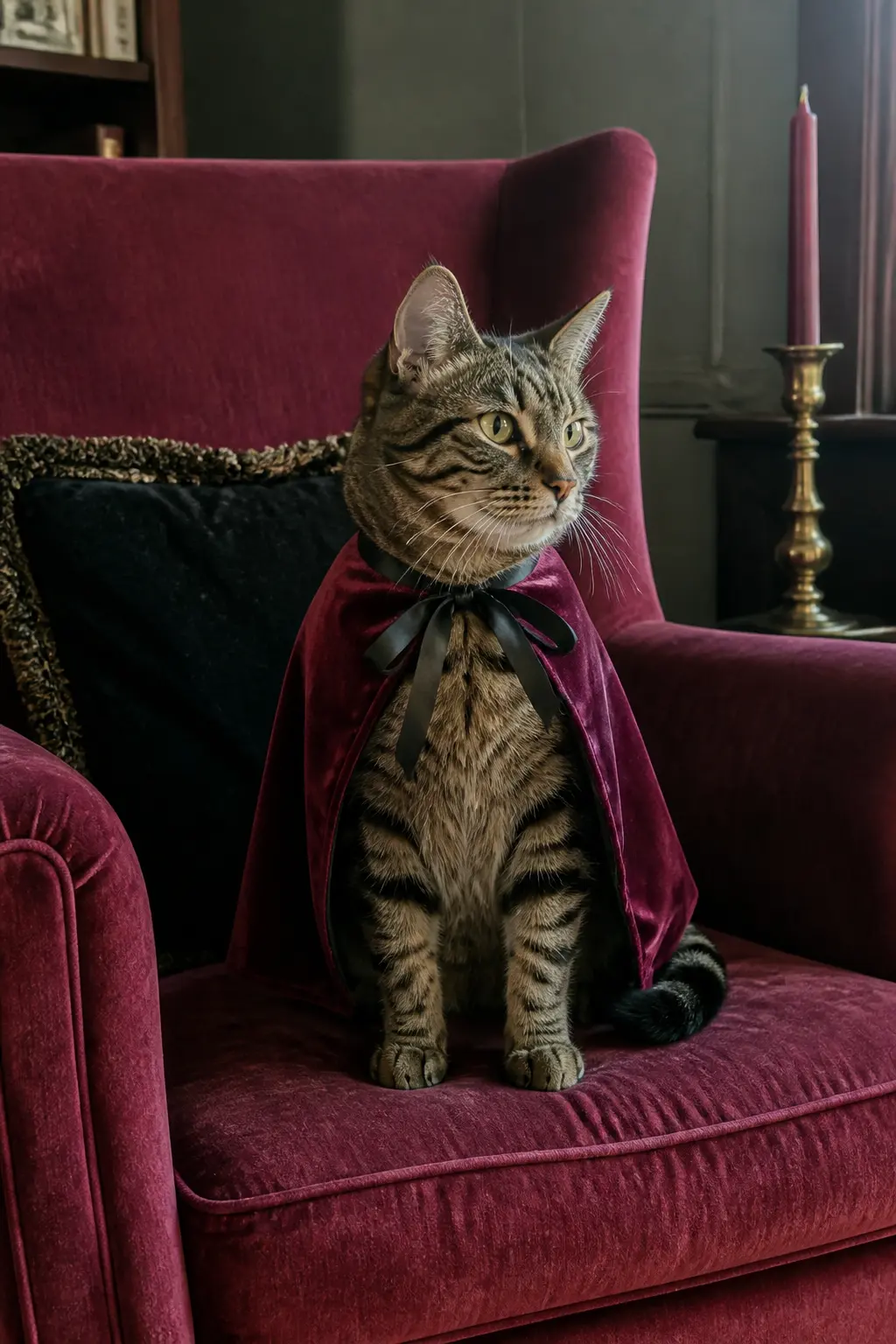 The Tiny Vampire Count Cape in Velvet — Velvet in deep burgundy or black drapes beautifully at any size, and a cat-sized cape in velvet looks genuinely