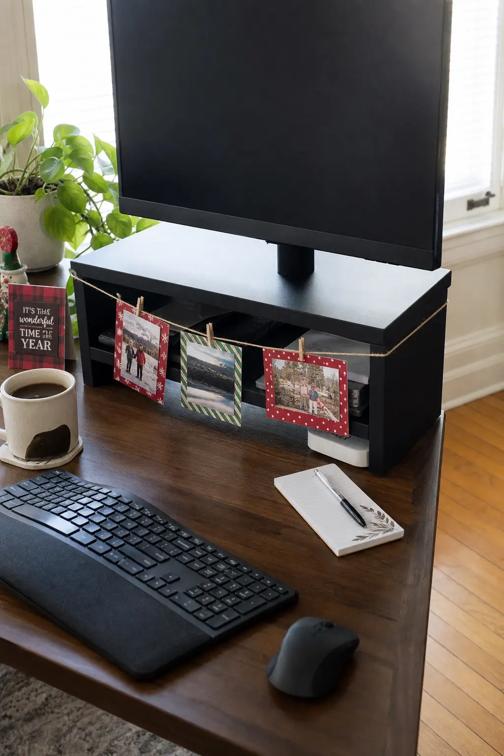 A Photo Card Garland on a Monitor Stand