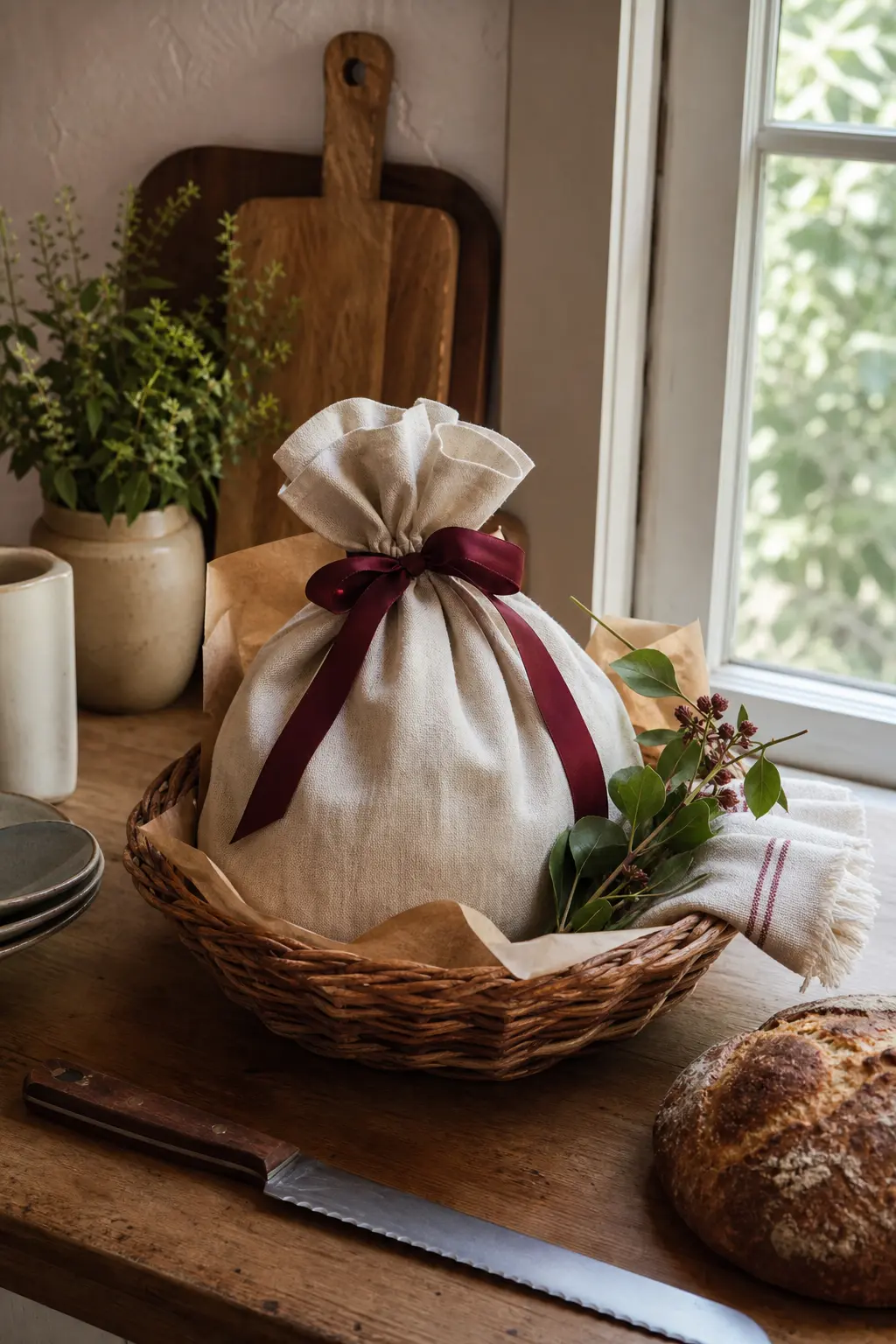 Bread Basket Around a Made Linen Bag