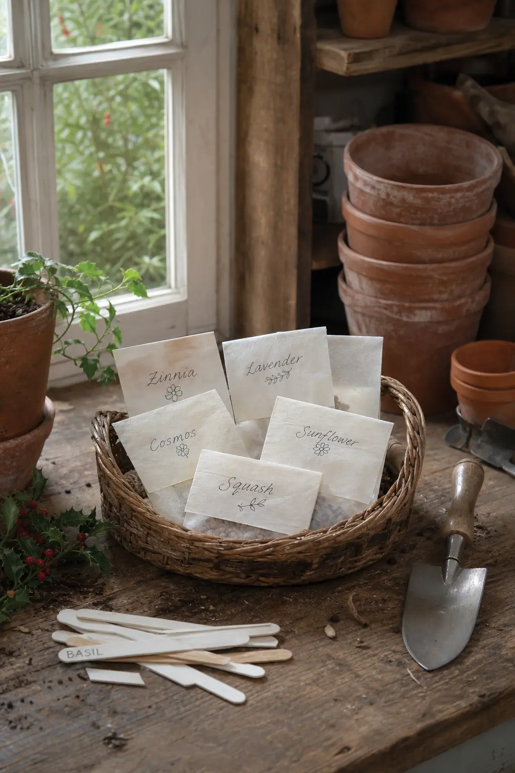 Garden Basket Around Saved Seed Packets