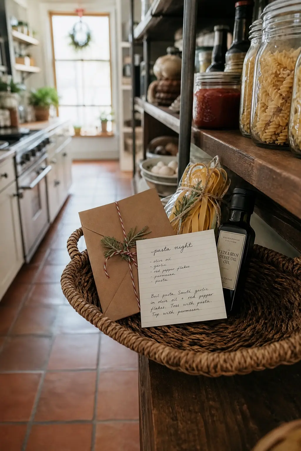 Pasta Night Basket Around a Handwritten Recipe Card
