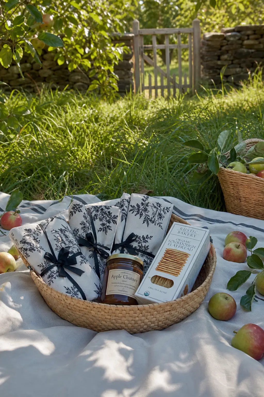 Picnic Basket Around a Block Printed Napkin Set